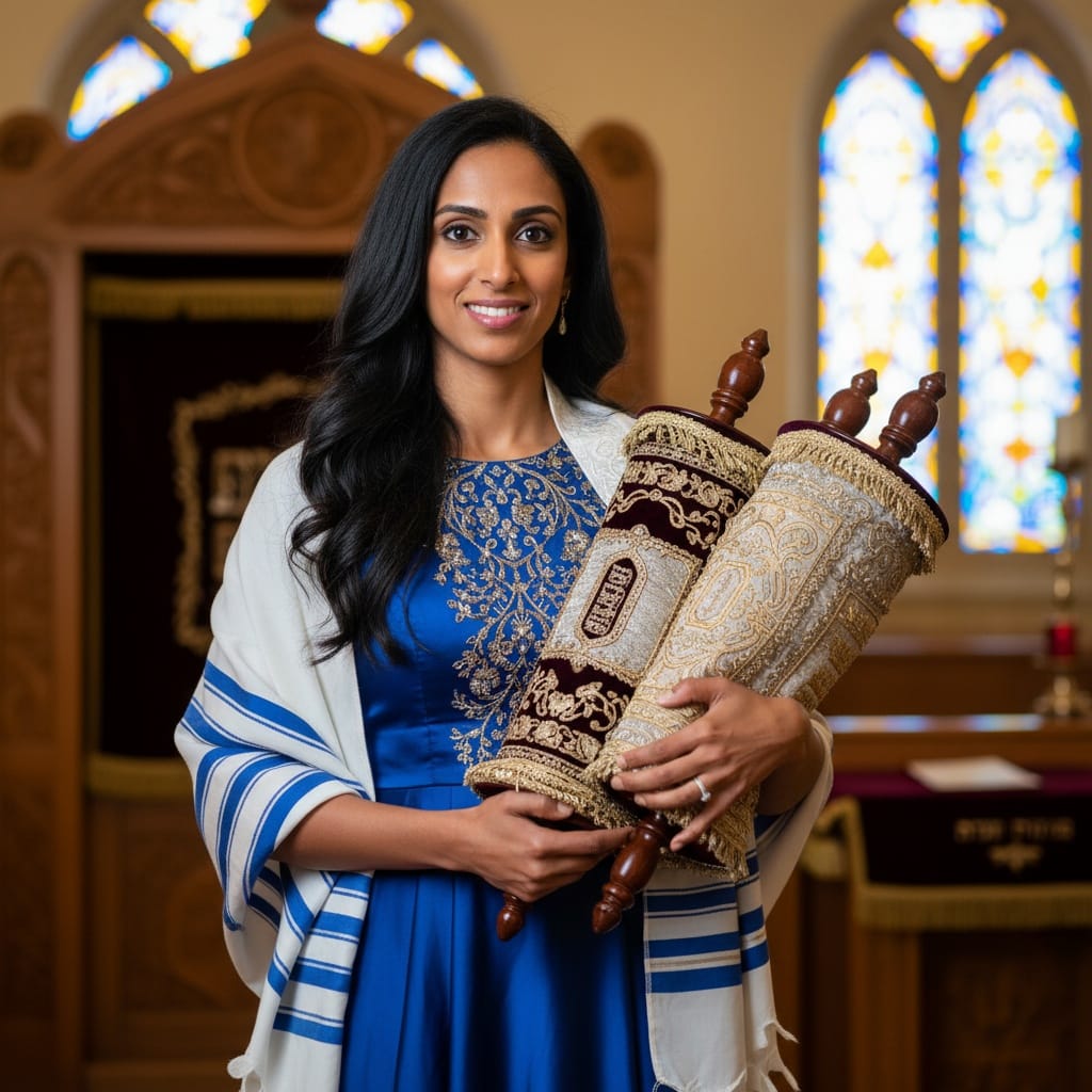 petite indian woman holding torah scrolls 41842948