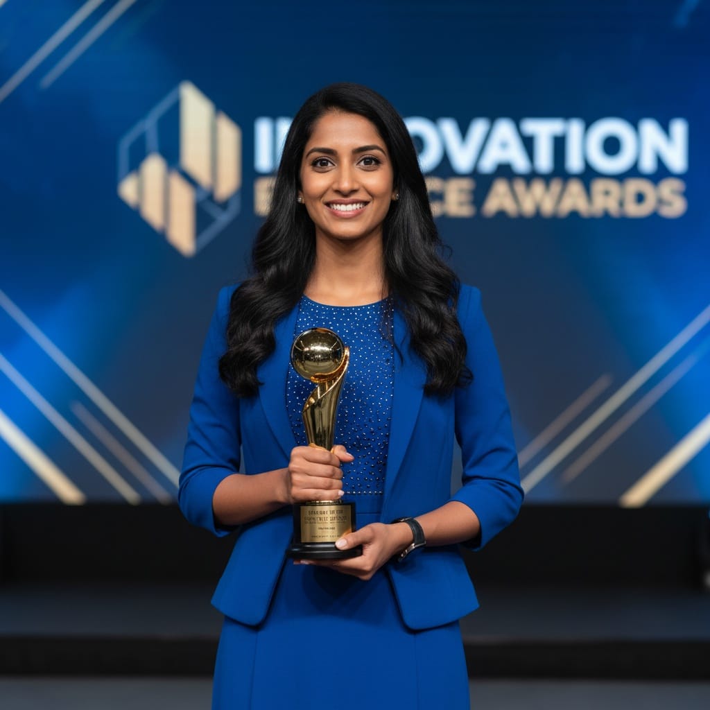 petite indian woman holding trophy portrait 21790899