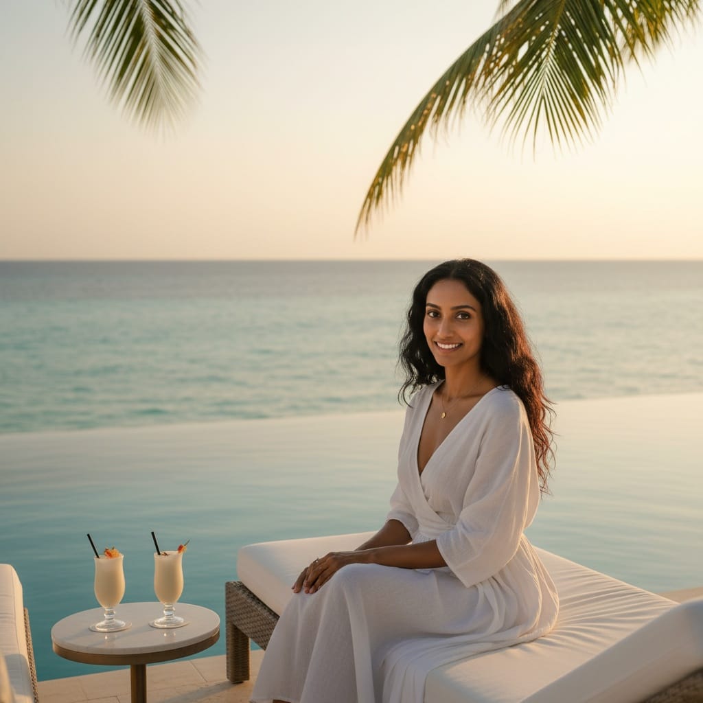 petite indian woman infinity pool ocean view 62360005