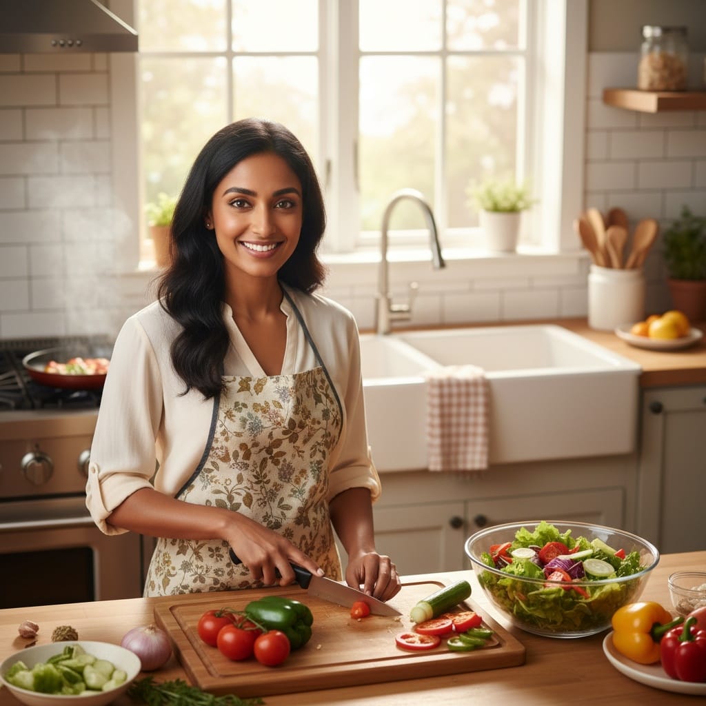 petite indian woman kitchen cooking prep 31976762