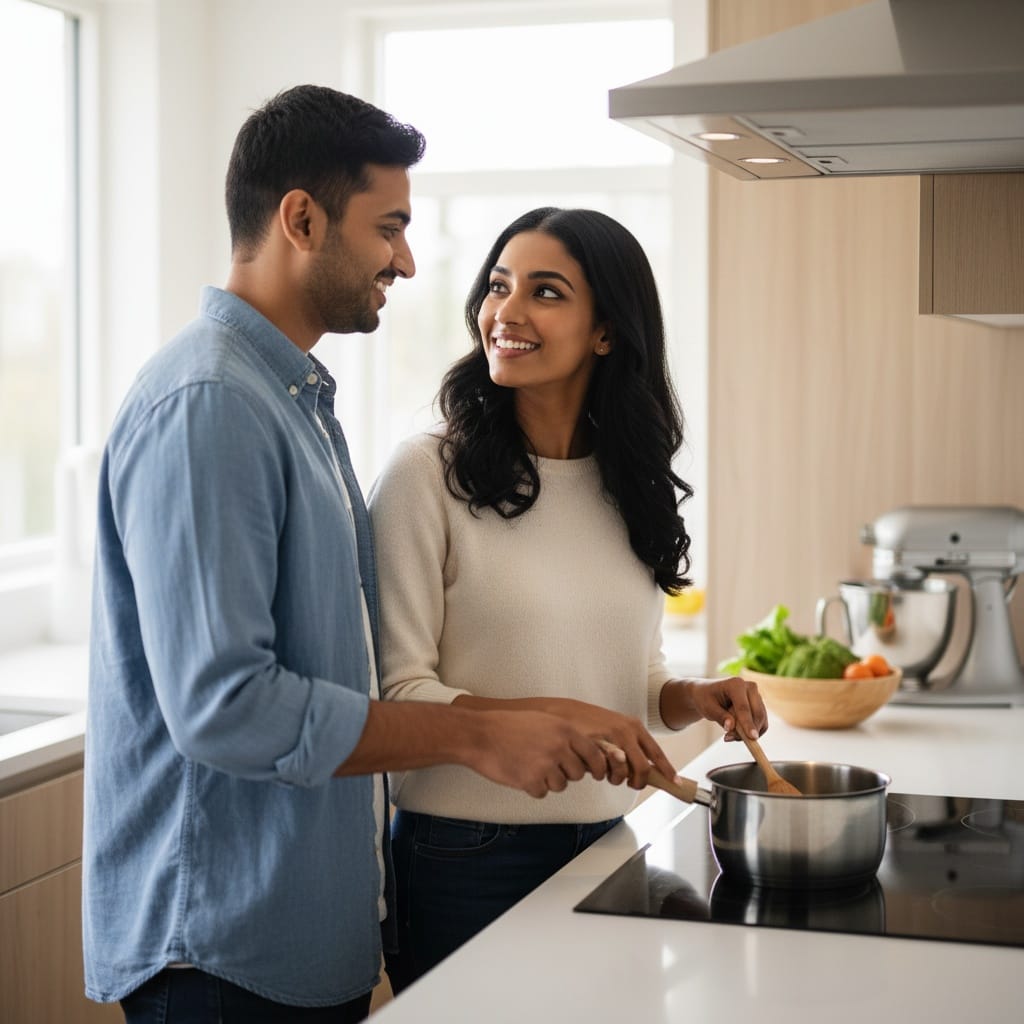 petite indian woman kitchen cooking together 99108239