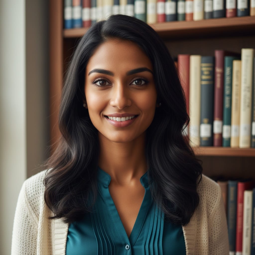petite indian woman library bookshelf background 83027918