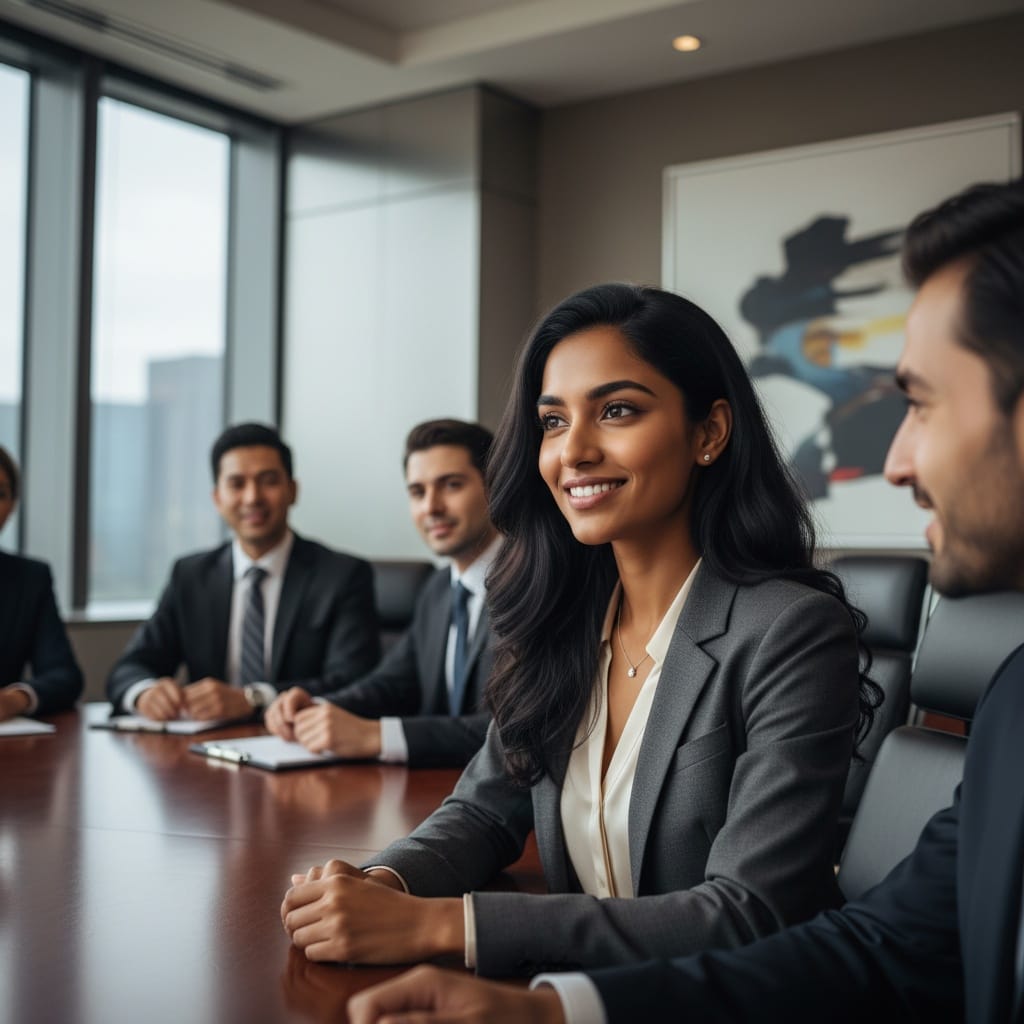 petite indian woman listening executive table 59210396