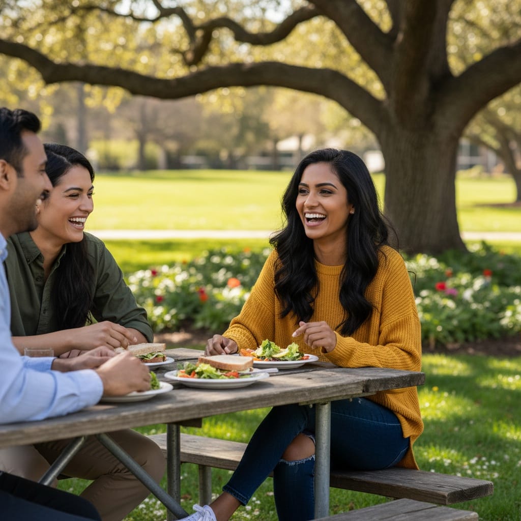 petite indian woman lunch break bonding 92555055