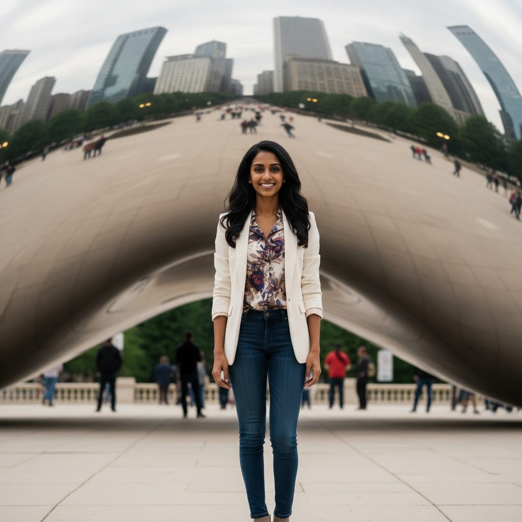 petite indian woman millennium park bean sculpture 55610683
