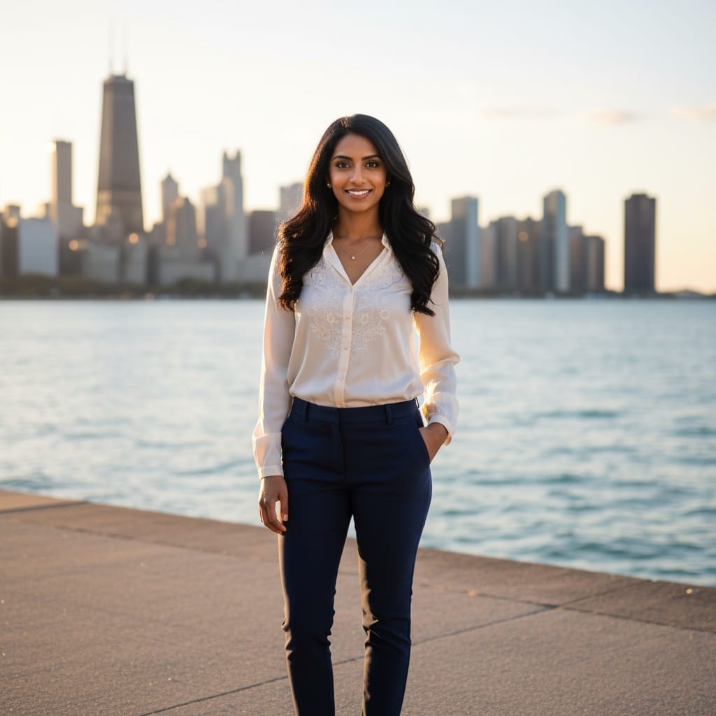 petite indian woman navy pier skyline backdrop 21875291