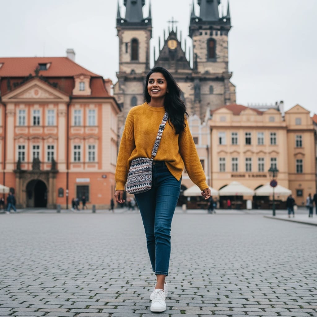 petite indian woman old town square cobblestones 73116156