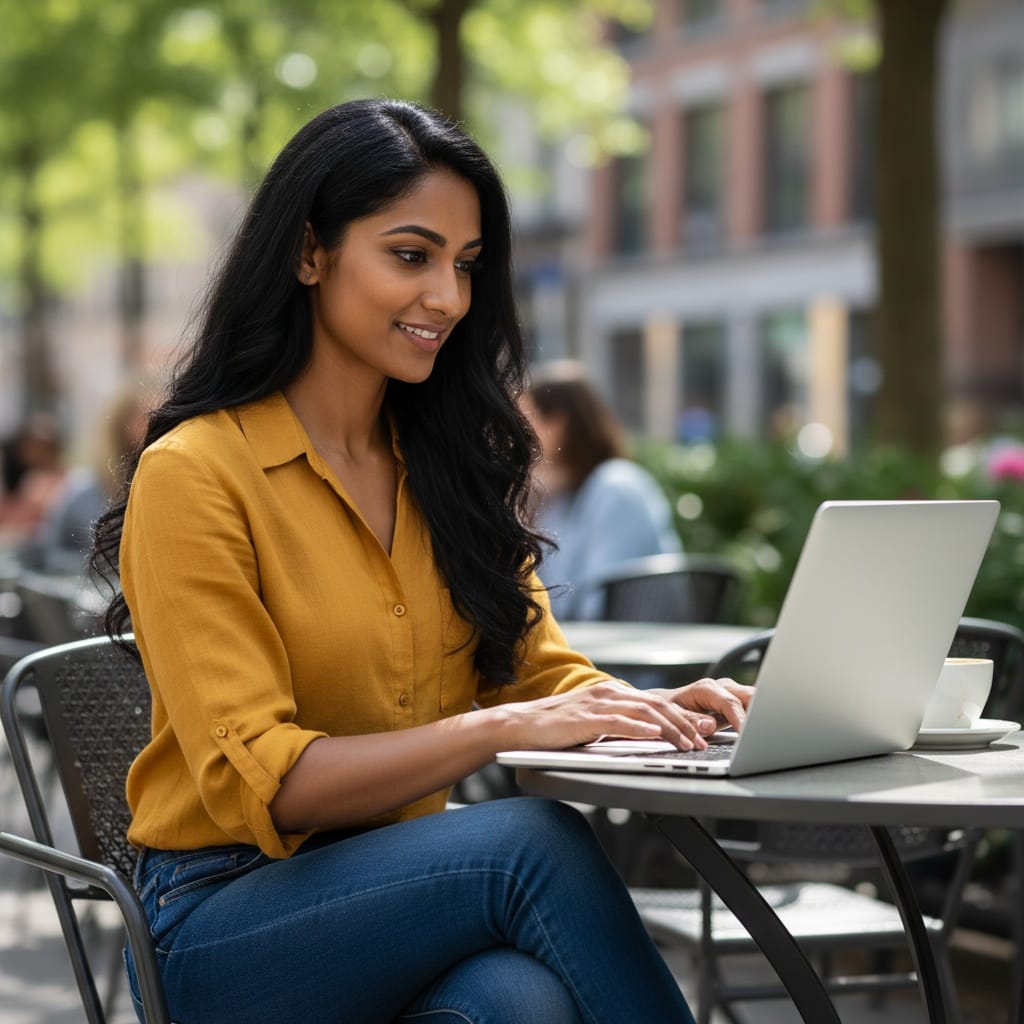 petite indian woman outdoor cafe laptop 62078244