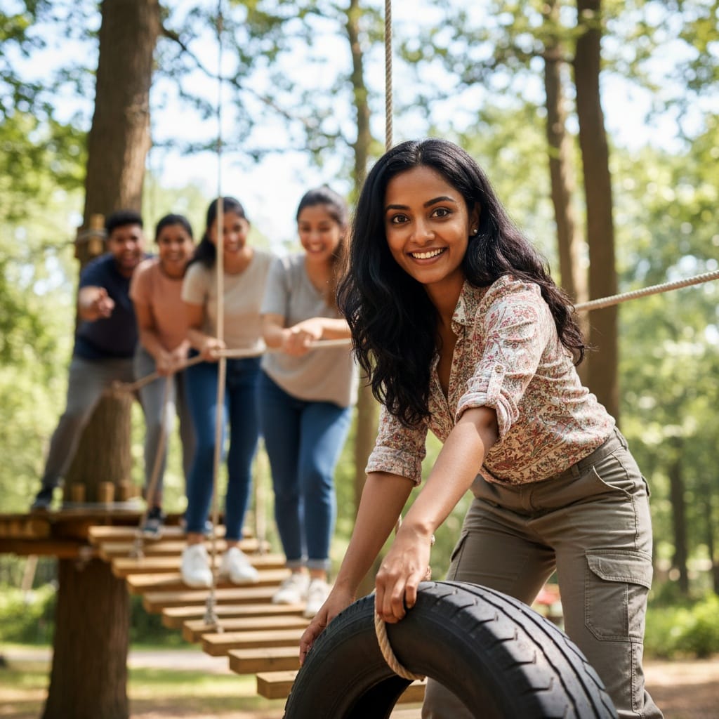 petite indian woman outdoor team challenge action 34471630