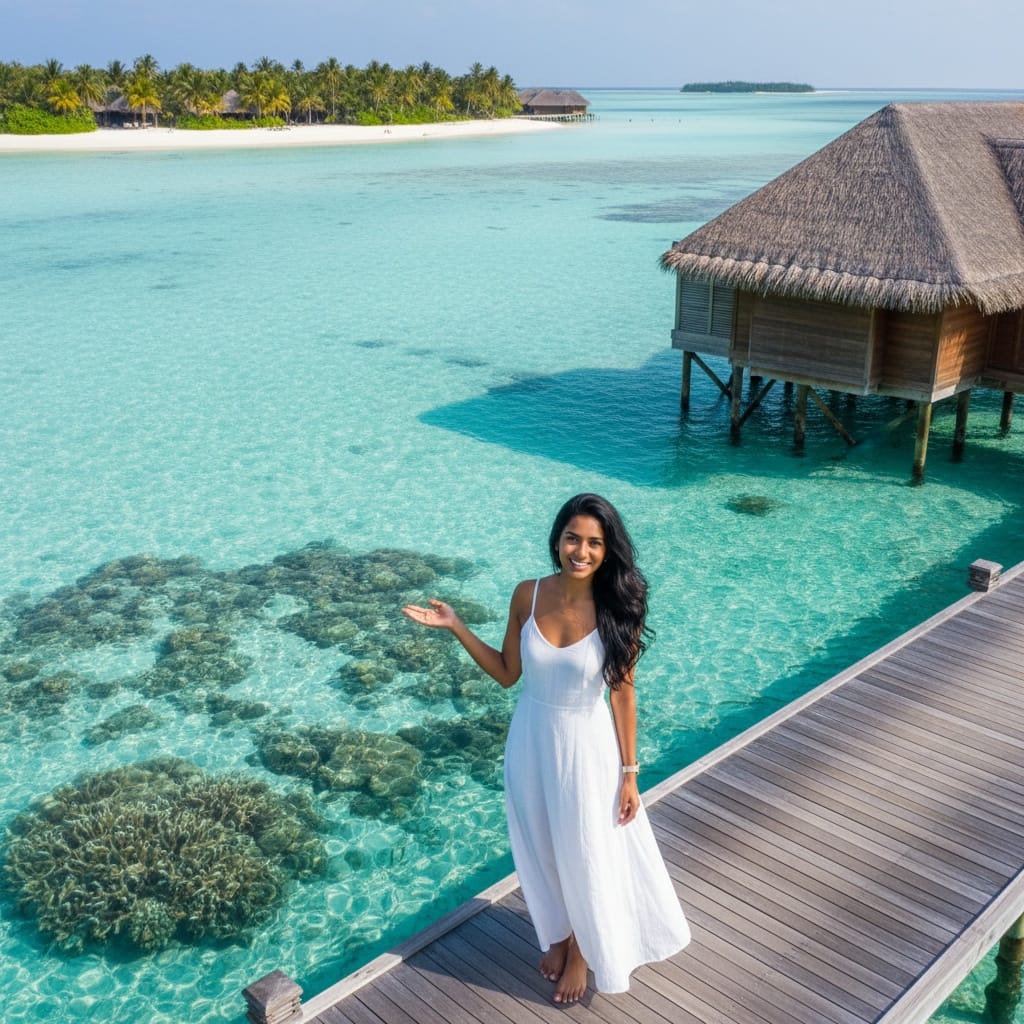 petite indian woman overwater bungalow aerial view 82127007