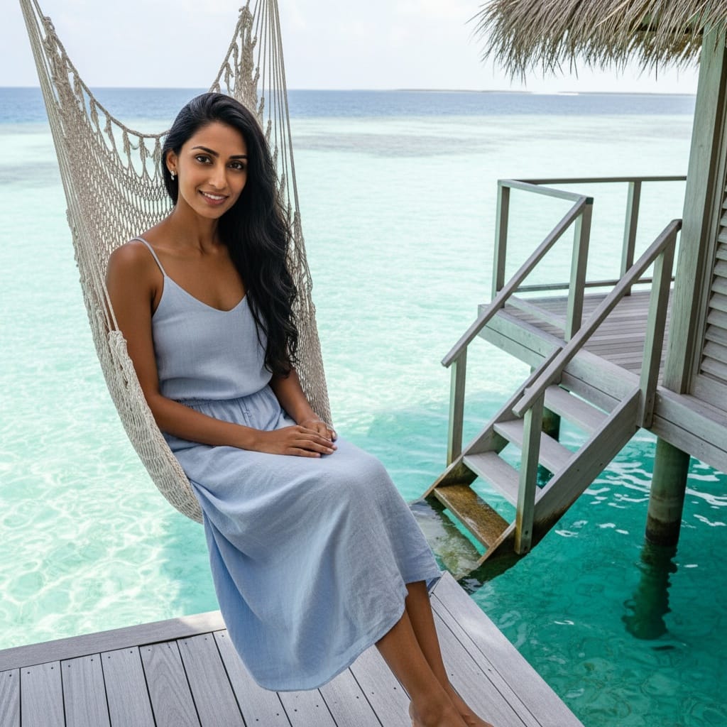 petite indian woman overwater deck hammock 99046013