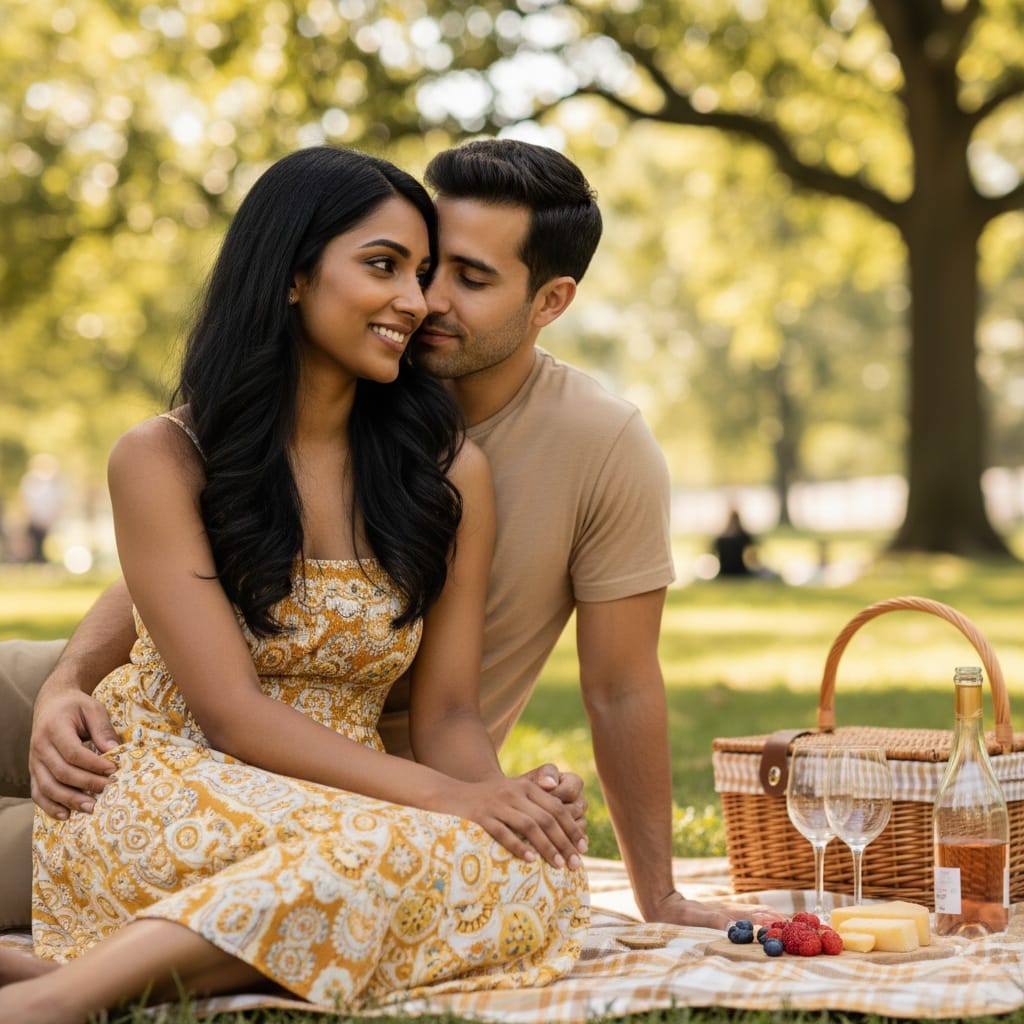 petite indian woman park picnic blanket 49282201
