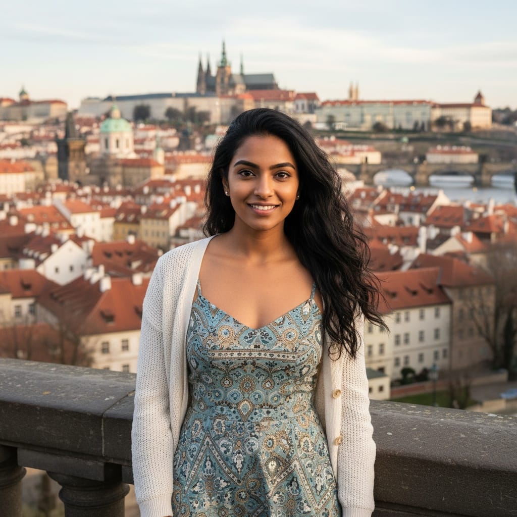 petite indian woman prague castle overlook 82958707