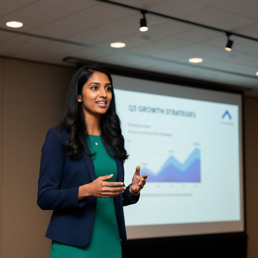 petite indian woman presenting at podium 14361060