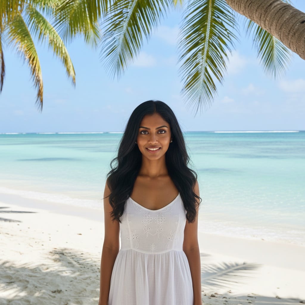 petite indian woman pristine white sand beach 76066151