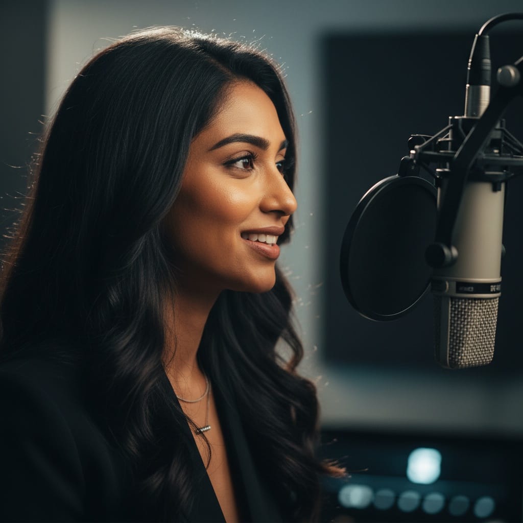 petite indian woman profile microphone closeup 80757573