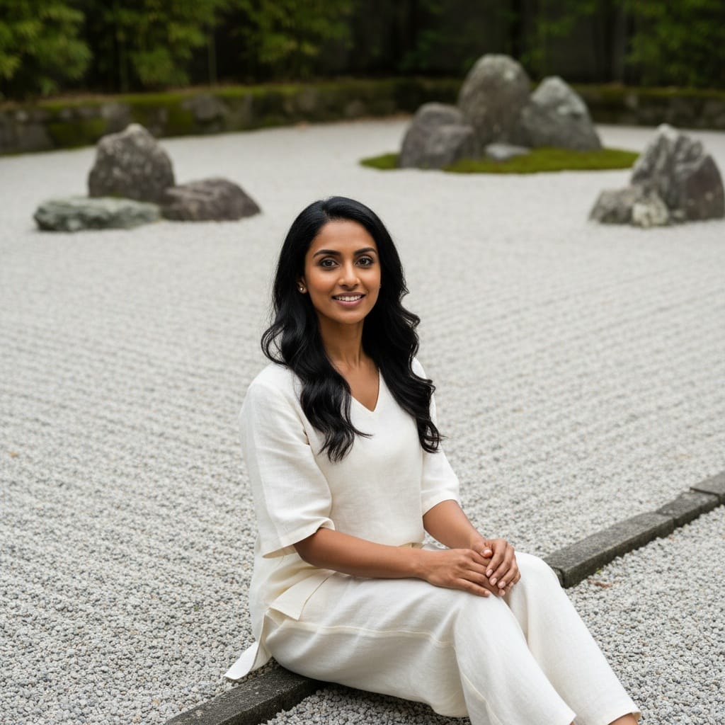 petite indian woman raked gravel garden wide 69404257