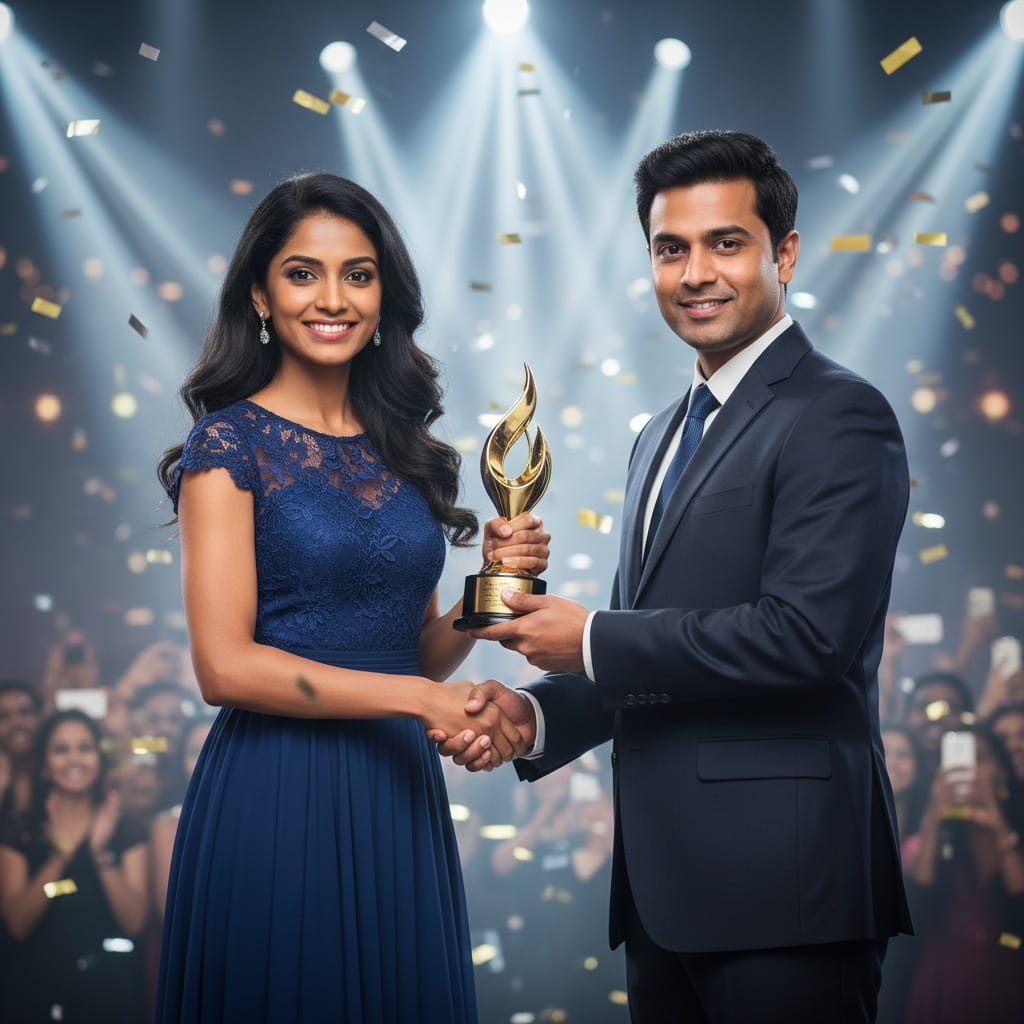 petite indian woman receiving award on stage 39034366