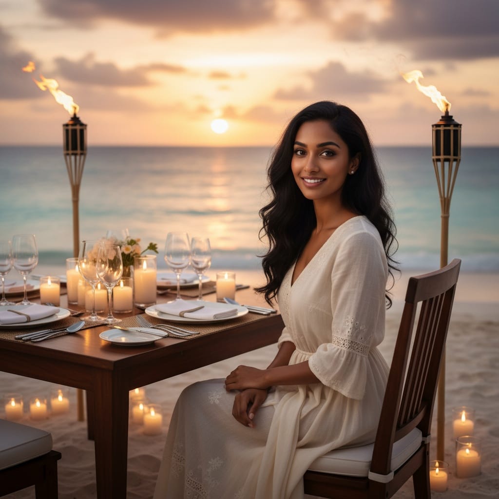 petite indian woman romantic beach dinner setup 93892099