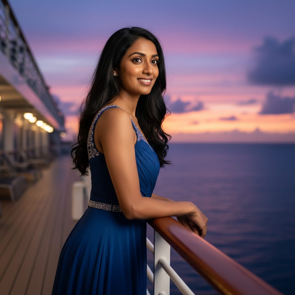 petite indian woman romantic ship railing evening 43220673