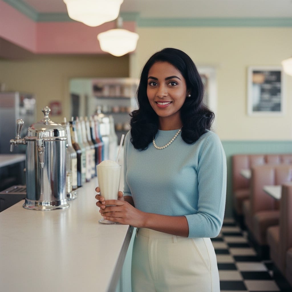 petite indian woman soda fountain counter 71945576