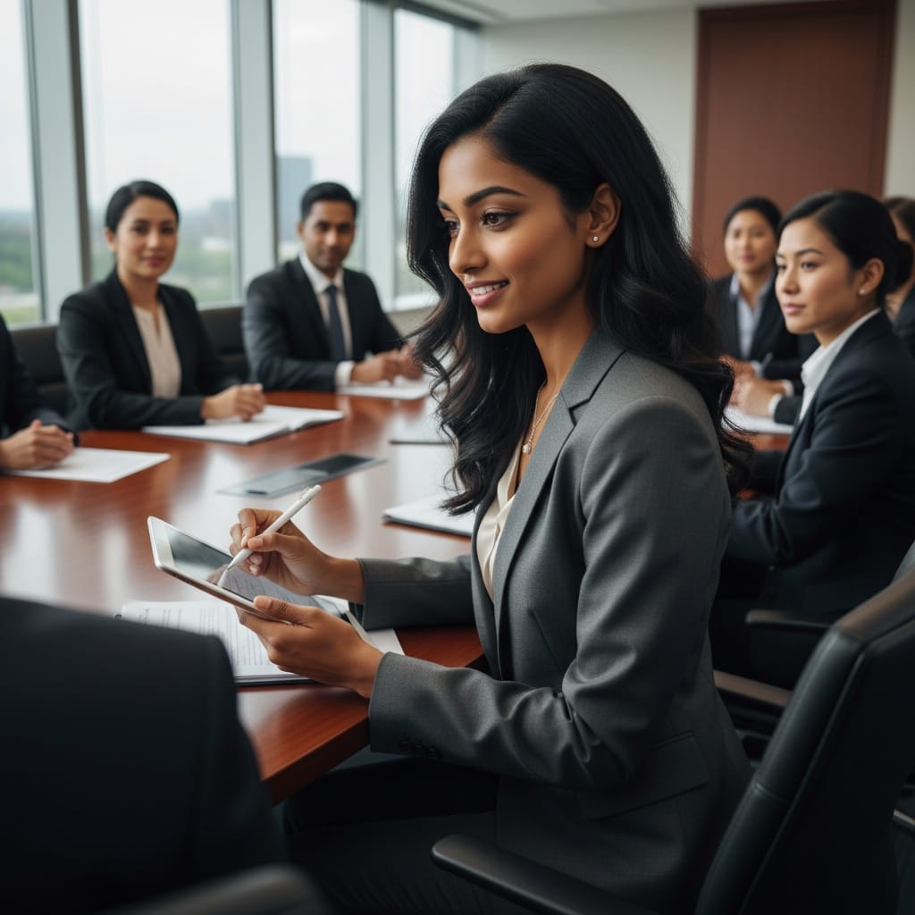 petite indian woman taking notes executive meeting 93105021
