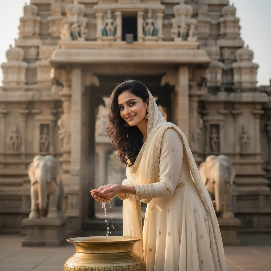 petite indian woman temple entrance prayer 85218235