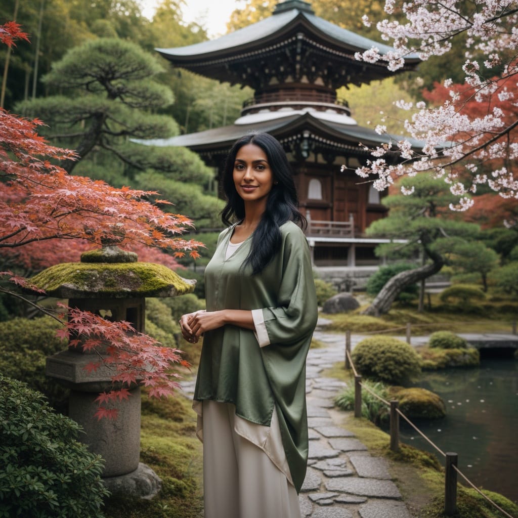 petite indian woman temple garden cherry blossoms 59473284