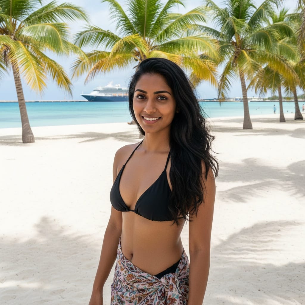 petite indian woman tropical beach port stop 16293021