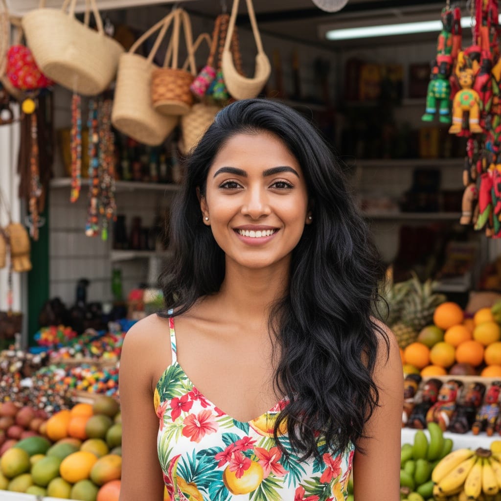 petite indian woman tropical market local culture 74495052