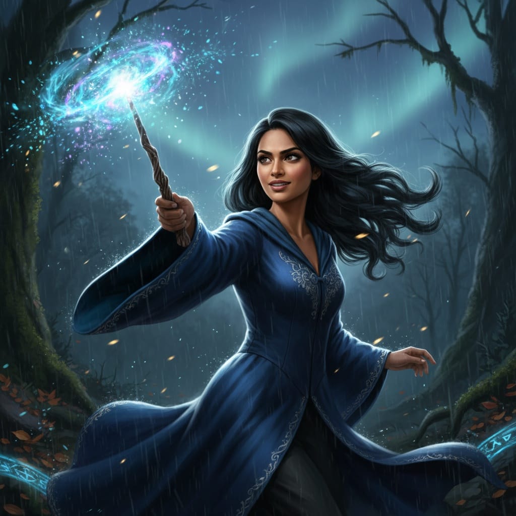 petite indian woman wand casting spell 60850492