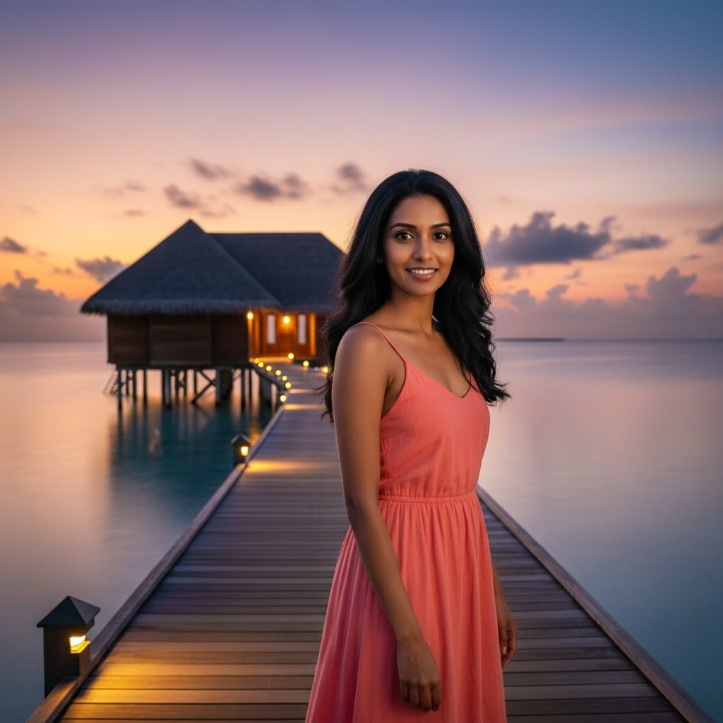 petite indian woman water villa sunset exterior 12443549
