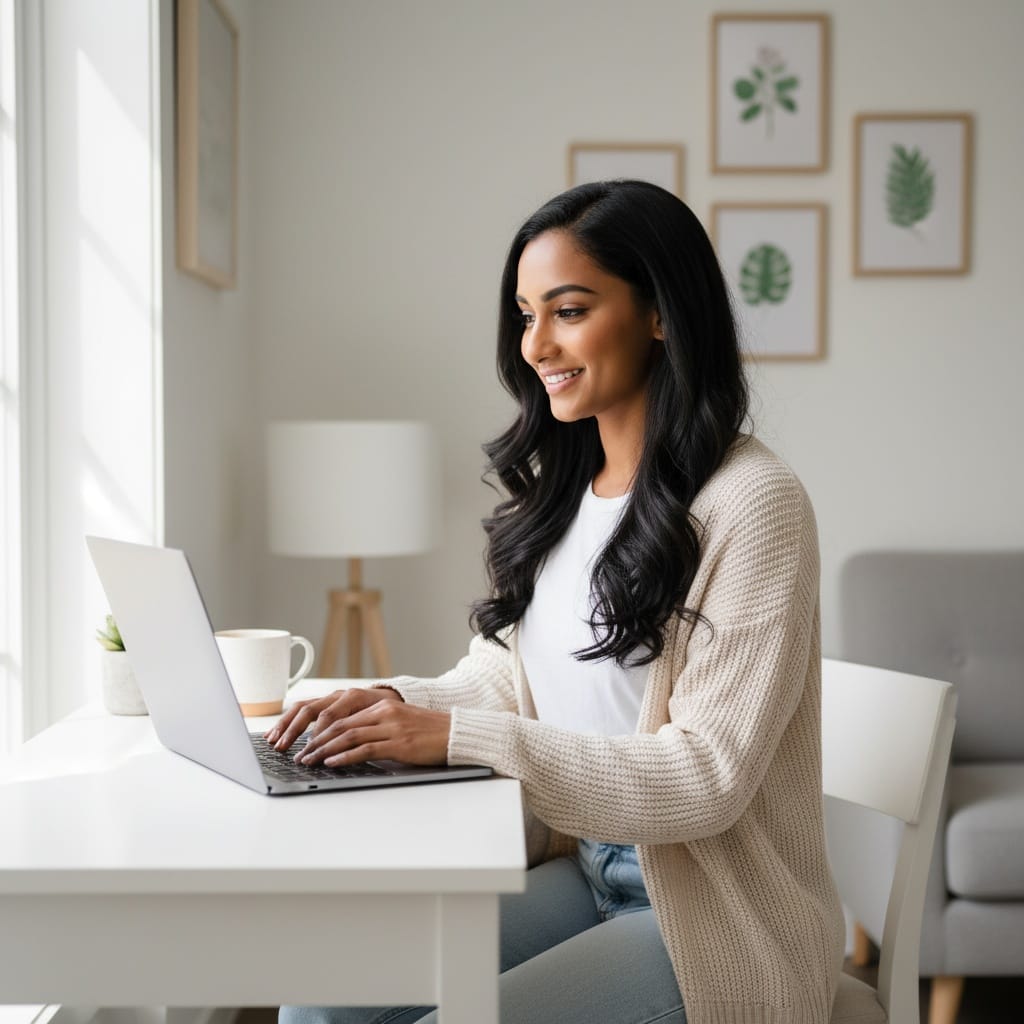 petite indian woman work from home desk 43573849