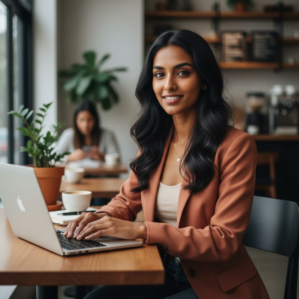 petite indian woman working at modern coffee shop 73988544