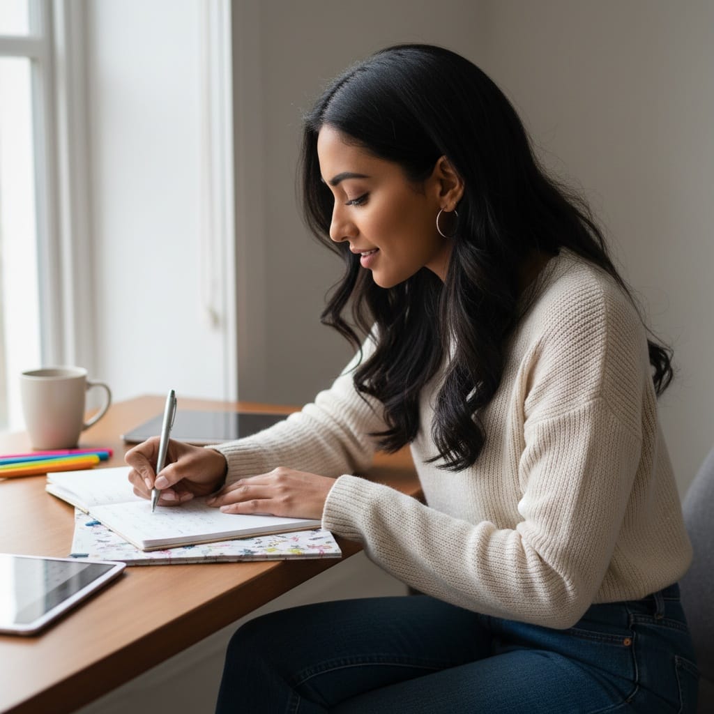 petite indian woman writing notes journal closeup 86572690