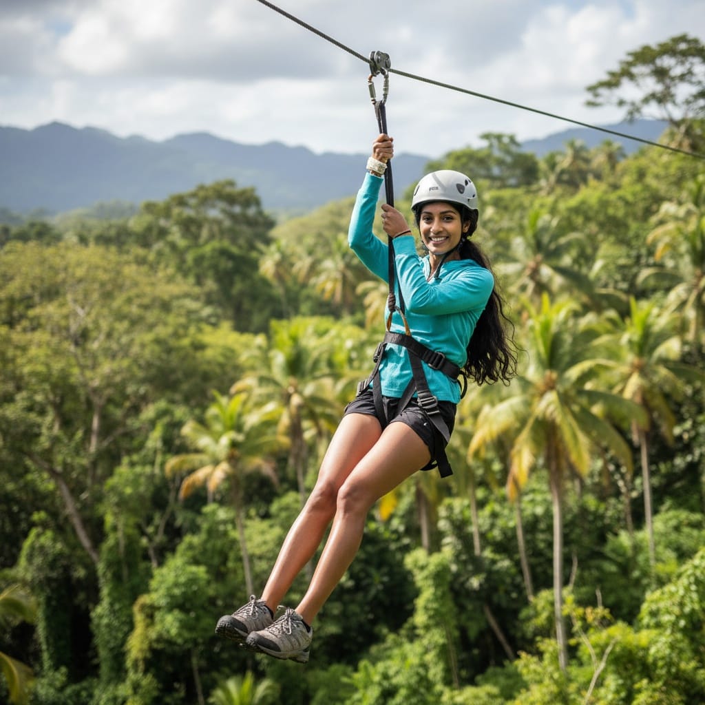 petite indian woman zipline tropical adventure 63789065