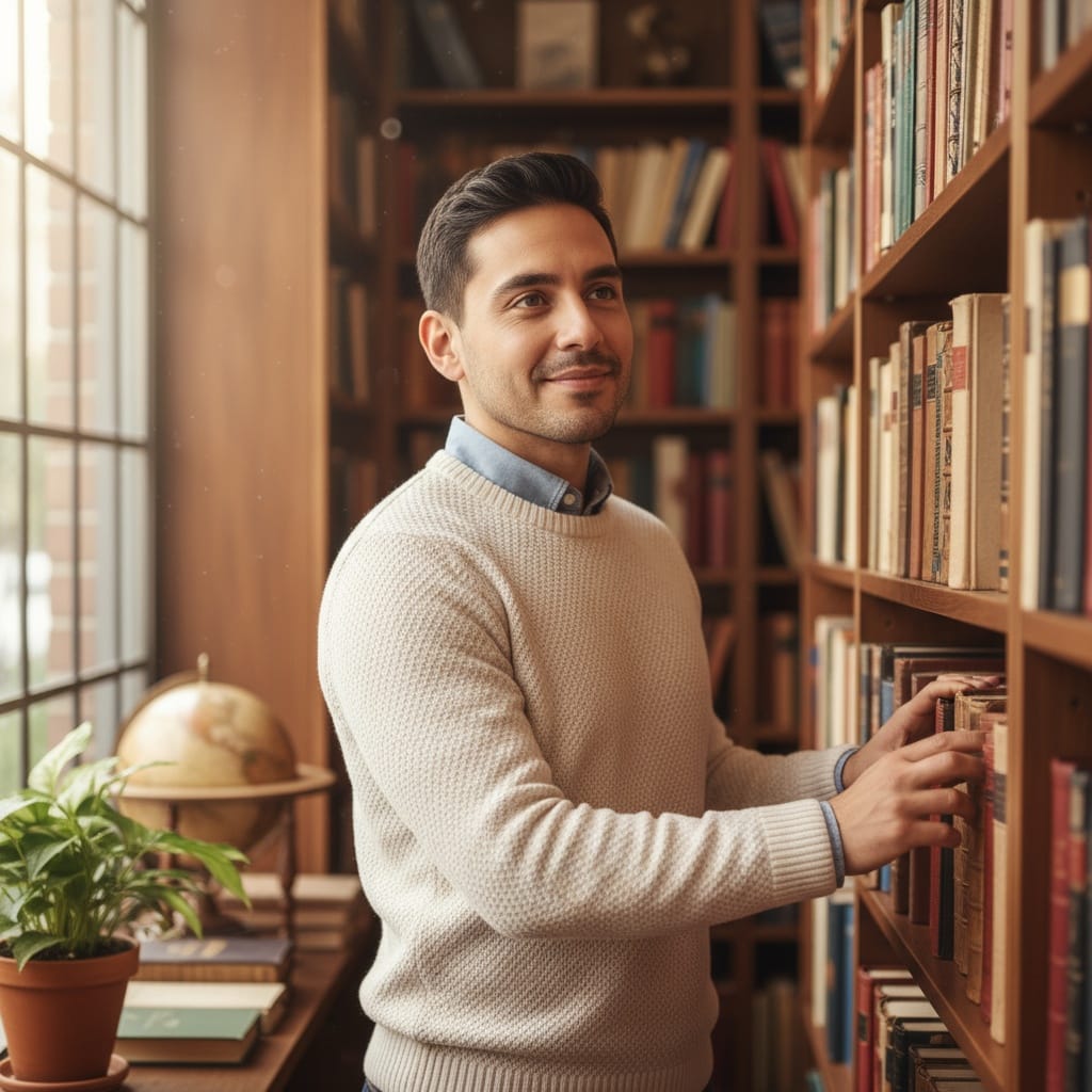 petite latino man bookstore library intellectual 40897551