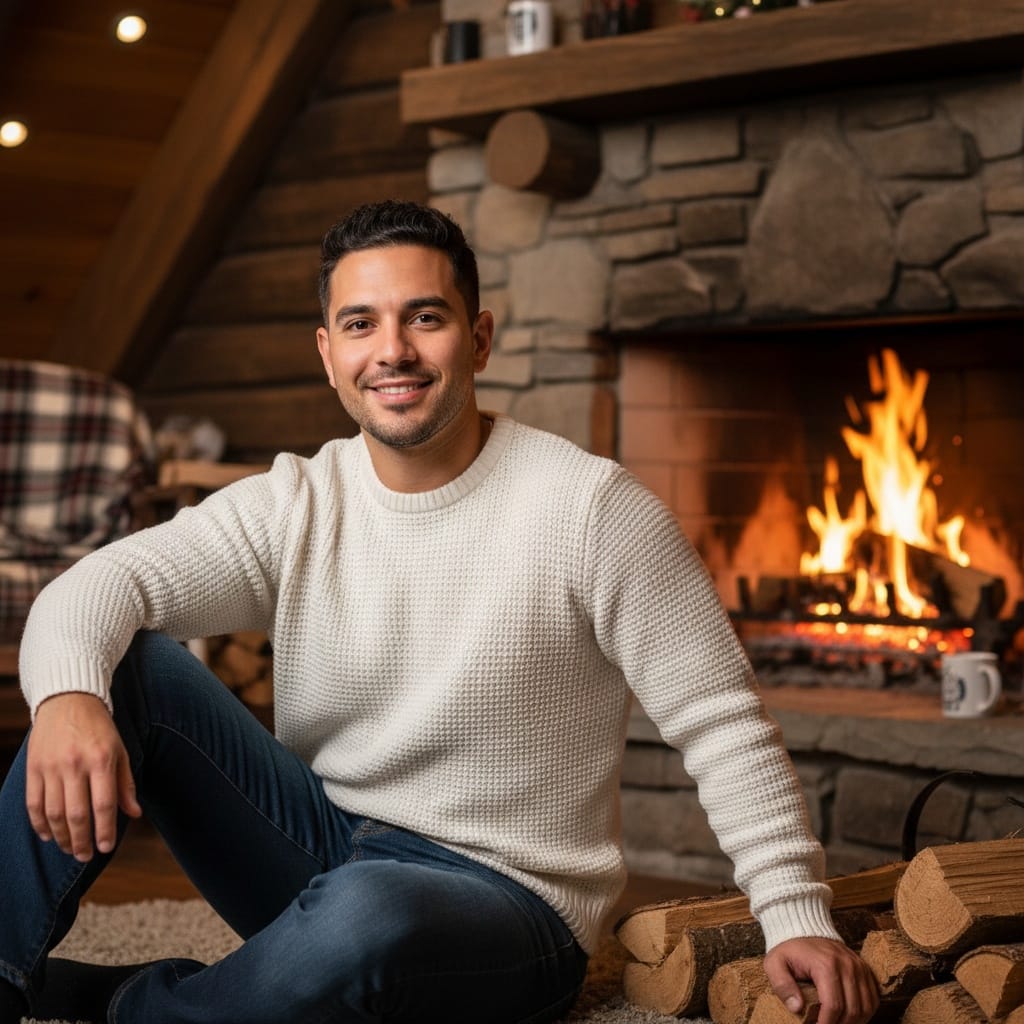 petite latino man cozy cabin interior 57182459