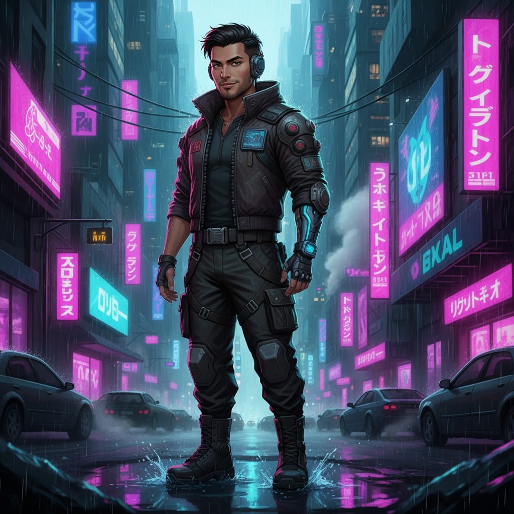petite latino man cyberpunk neon city 35380738