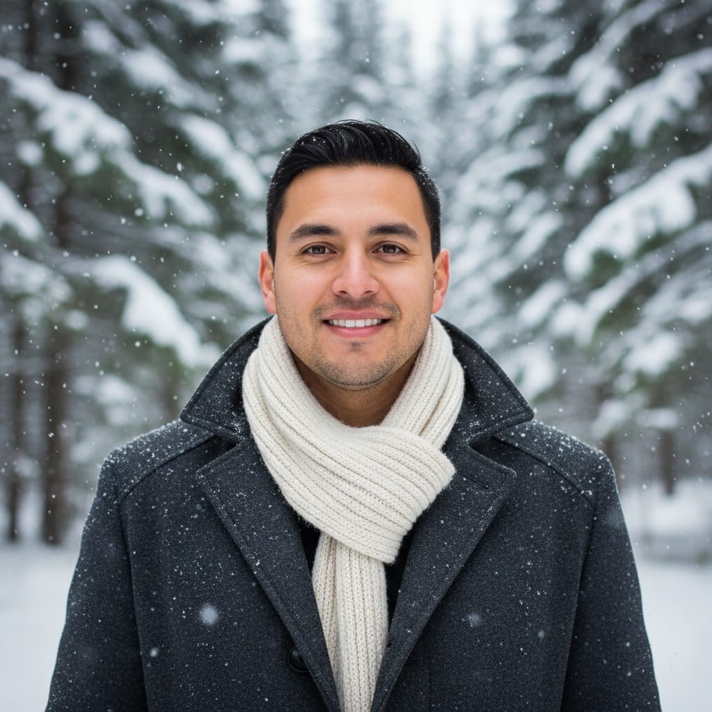 petite latino man forest snowfall portrait 73986564