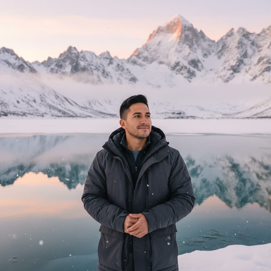 petite latino man frozen lake landscape 83744766