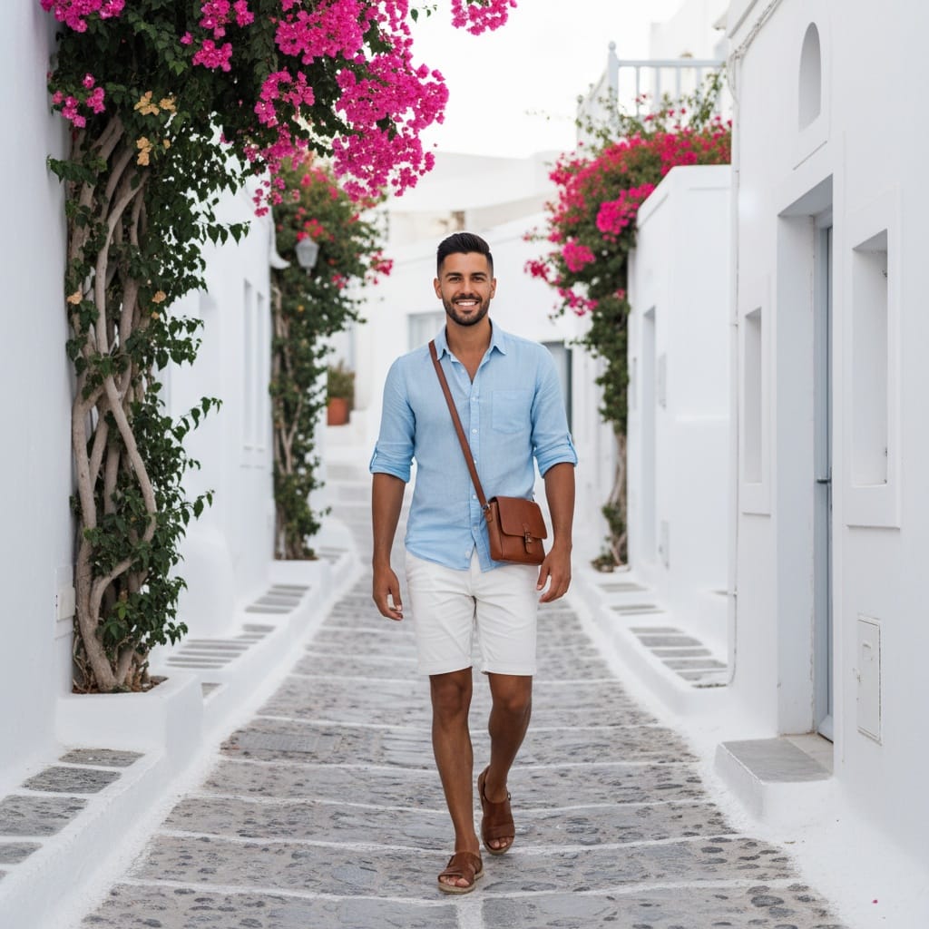 petite latino man oia narrow streets 80933551