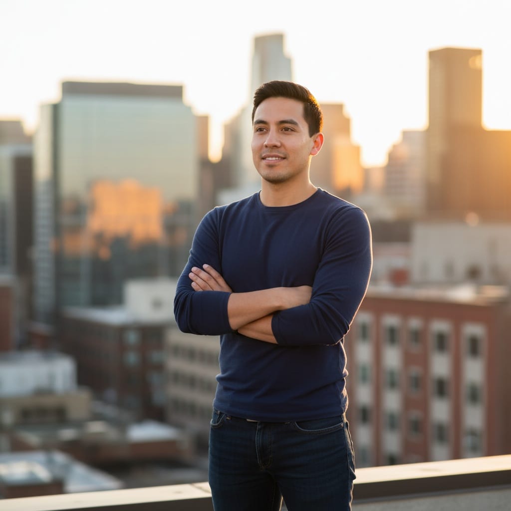 petite latino man rooftop golden hour 10897594