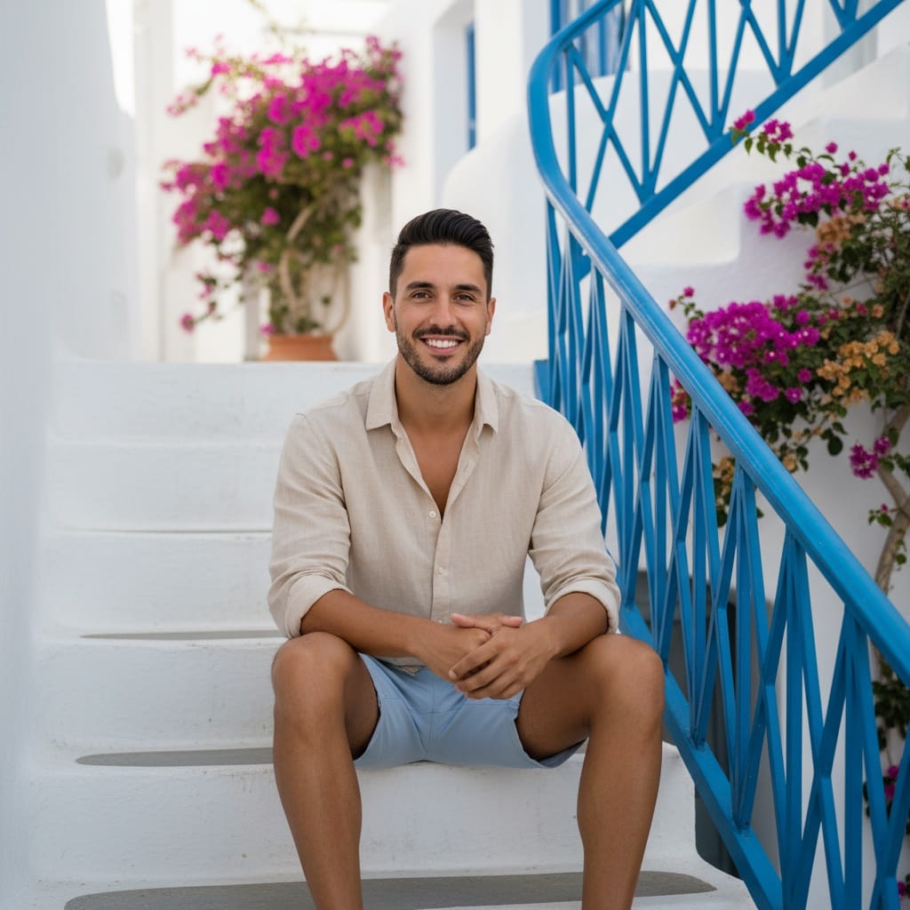 petite latino man santorini steps portrait 17084603