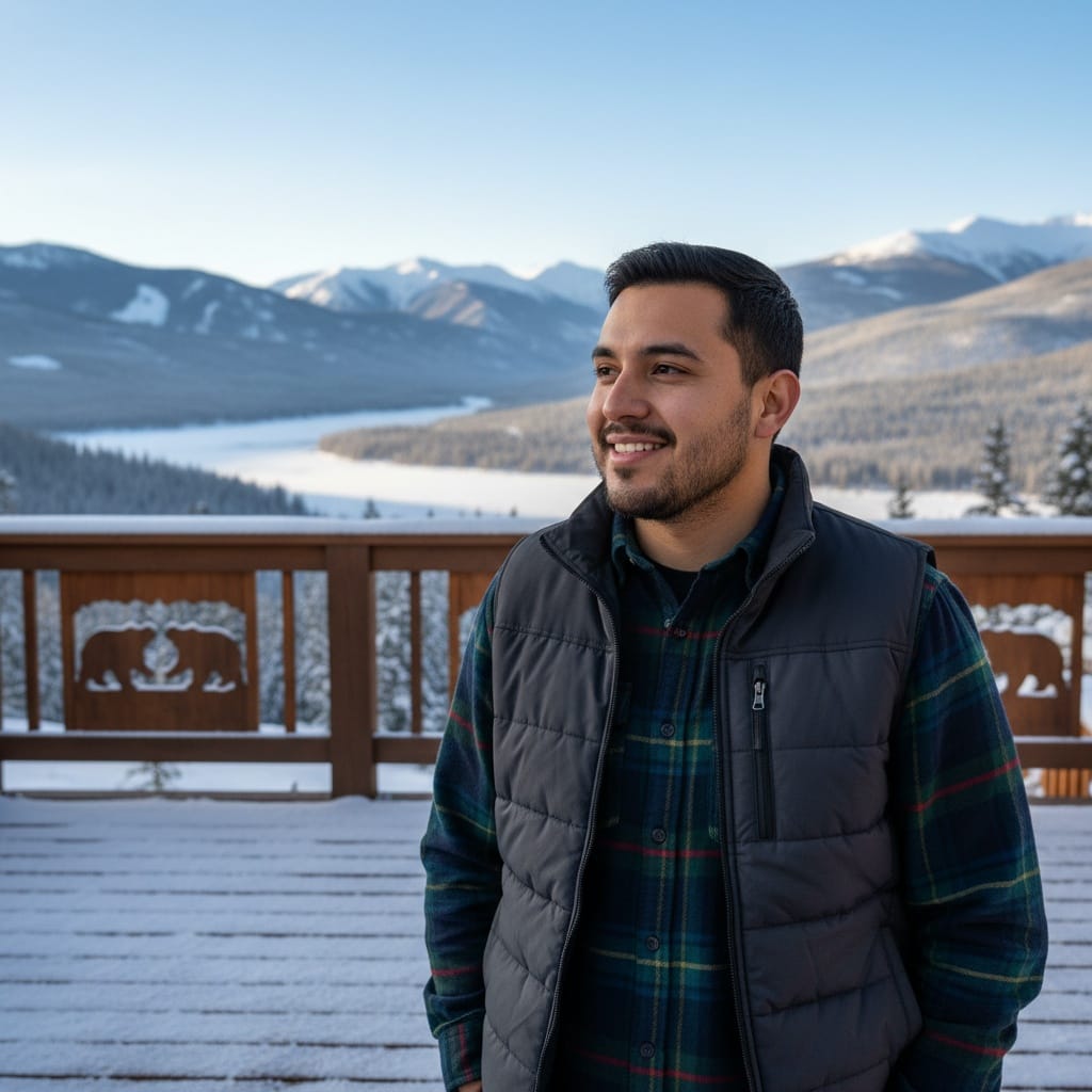 petite latino man snow lodge deck 59239846