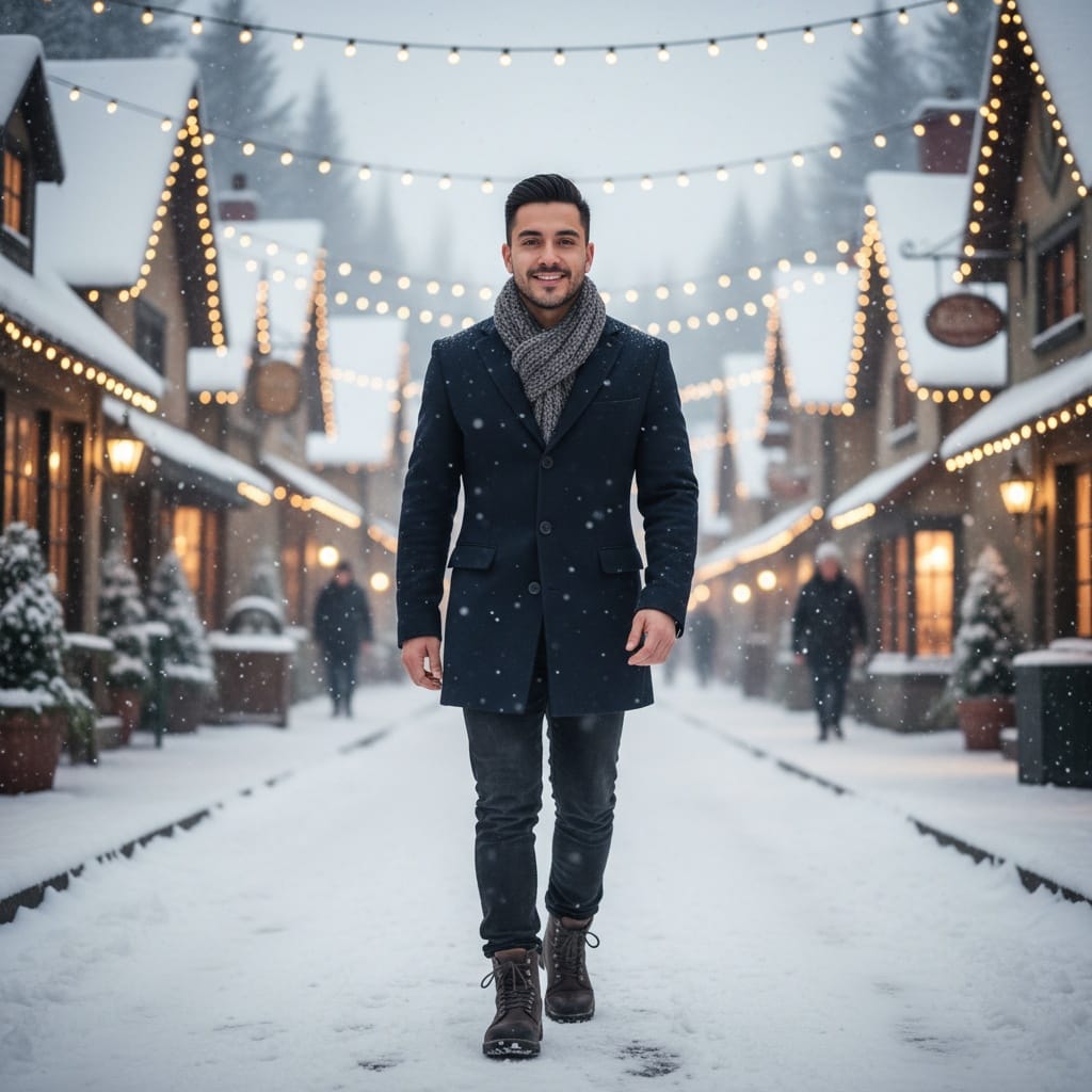 petite latino man snowy village walk 87267141