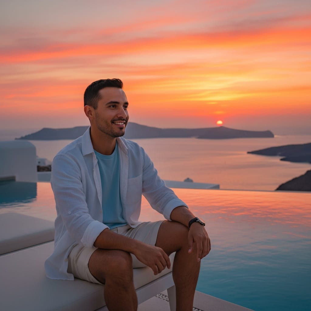 petite latino man sunset caldera view 68449259