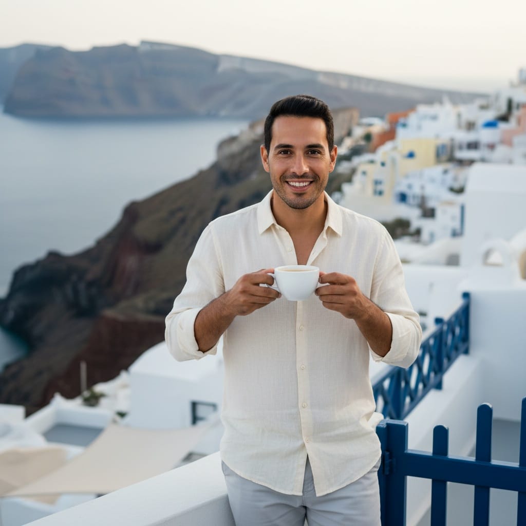petite latino man traditional balcony morning 80692220
