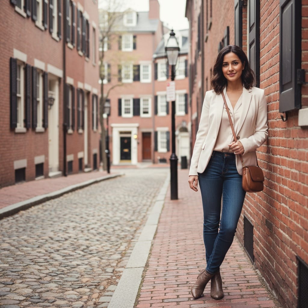 petite latino woman acorn street cobblestone 41142783