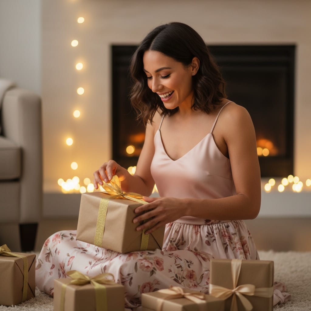 petite latino woman birthday gift excitement 34601246